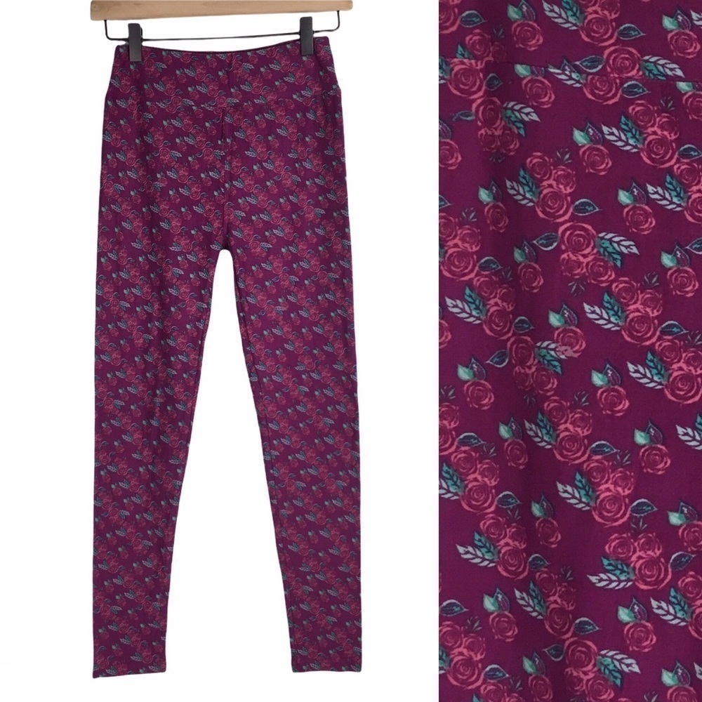 LULAROE Leggings OS One Size Roses Floral Flowers Burgundy Wine Green Stretchy